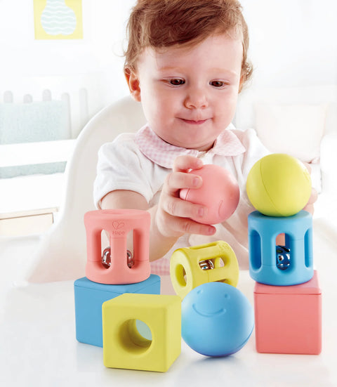 Hape Geometric Rattle Trio – Eco-friendly Sensory Toy for Babies, Promoting Motor Skills & Sensory Development | Kiddo Joy