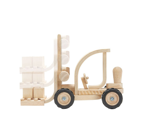 Kiddo Joy Forklift by PlanToys, an eco-friendly toy designed to improve fine motor skills, coordination, and imaginative play with a realistic forklift for transporting and stacking.