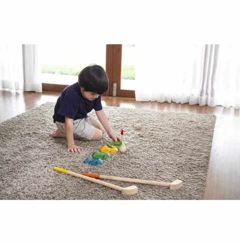Kiddo Joy Mini Golf Full Set by PlanToys, an eco-friendly toy designed to enhance hand-eye coordination, motor skills, and active play with a complete mini golf set for kids.